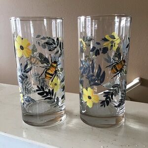 NEW Botanical Bees & Flowers Handpainted Drinking Glasses